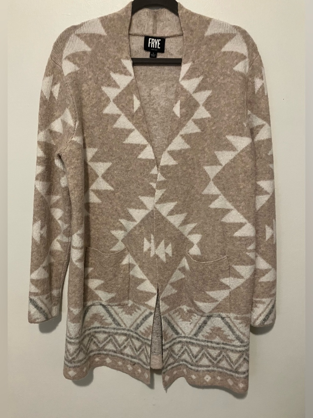FRYE Cream and Tan Aztec Open-Front Cardigan